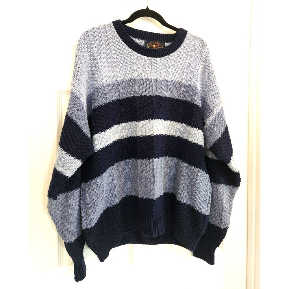 Lake Harmony Vintage SZ L Cotton Crew Neck Striped Knit Blue Pullover Sweater